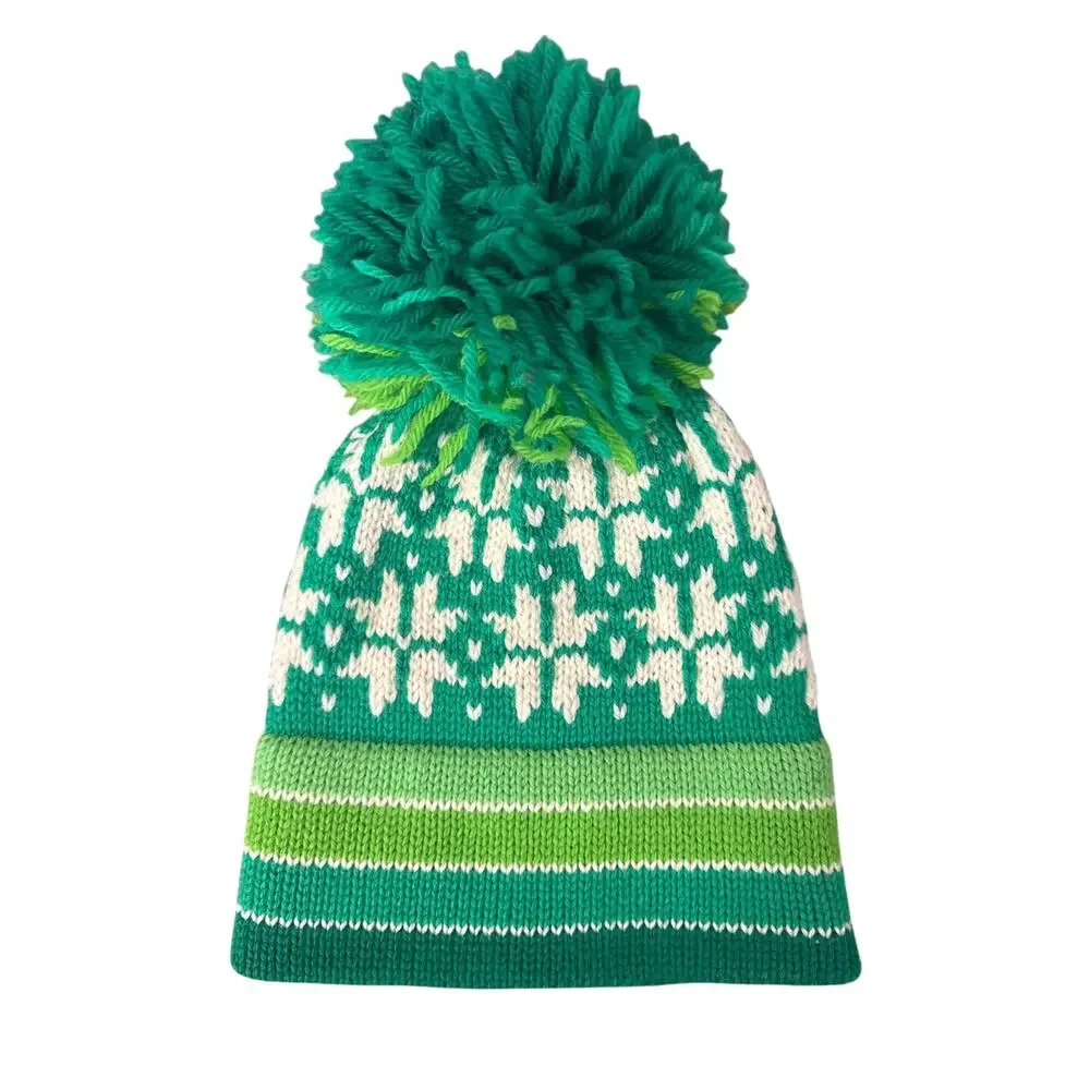 Vintage 70s Get Your Head Together Wool Pom Pom Beanie Green Nordic Fair Isle